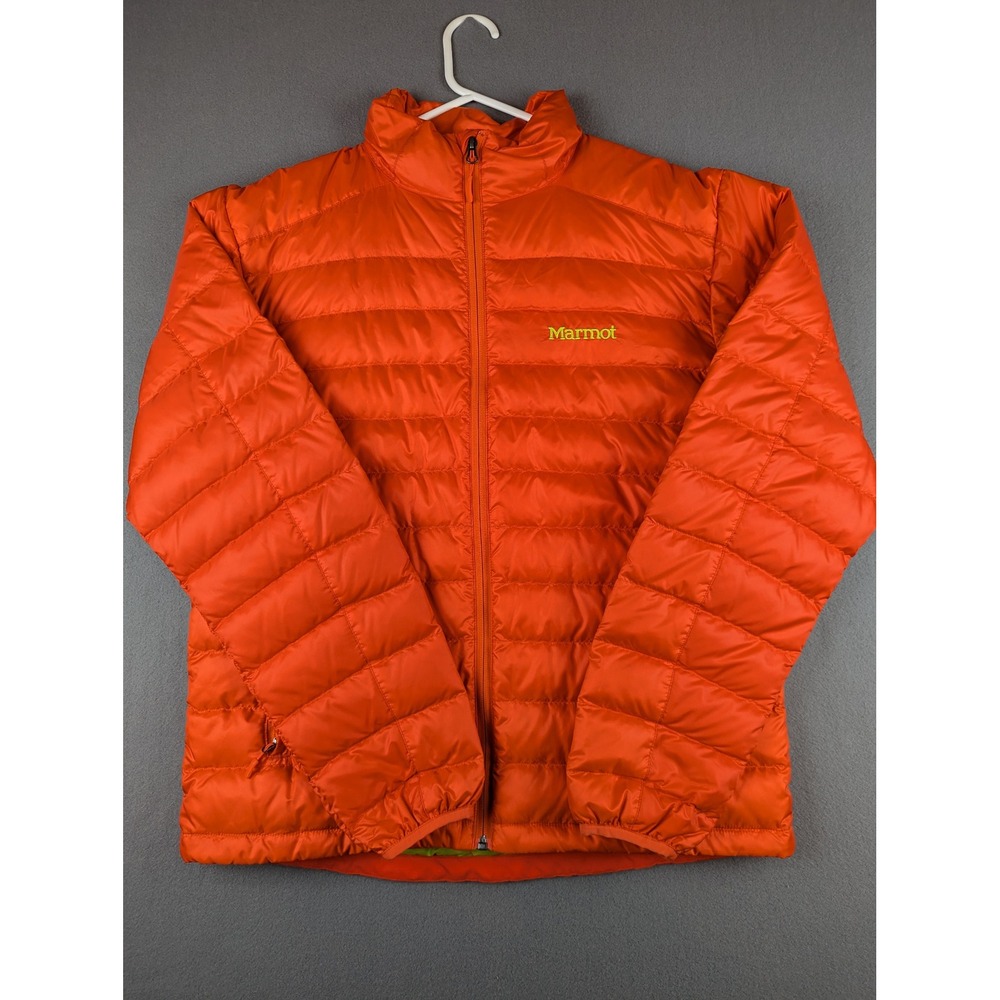 Marmot Mens 700 Fill Down Puffer Jacket Orange Lime Green Medium Full Zip